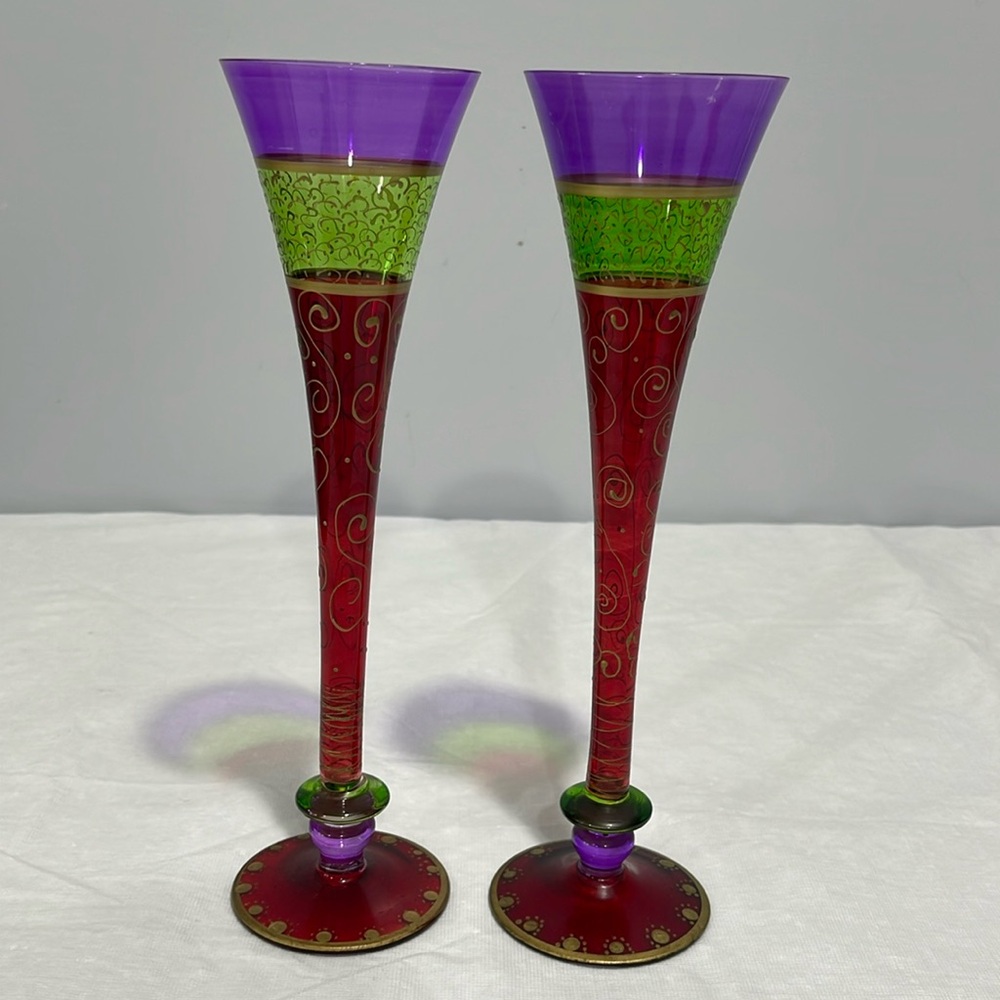 Pier 1 Hand-painted Festive Champagne Flutes Bohemian Rare Purple Top